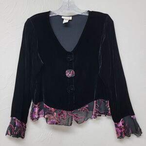 Black Velvet Burnout Blouse Top Floral Whimsy Goth Vamp Witchy Silk Blend M